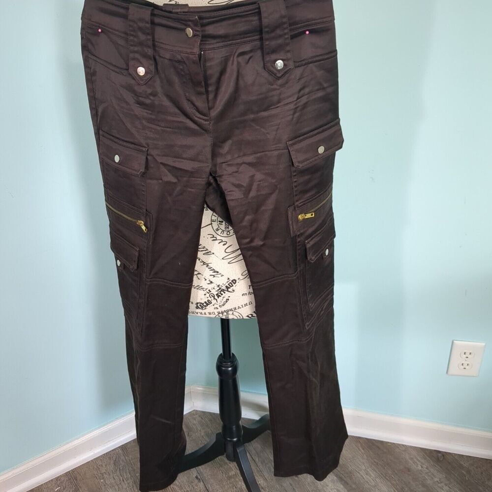 Cashe Cashe Womens 6 Brown Wide Leg Cargo Pants Low Rise Satin Dark Wash Y2K